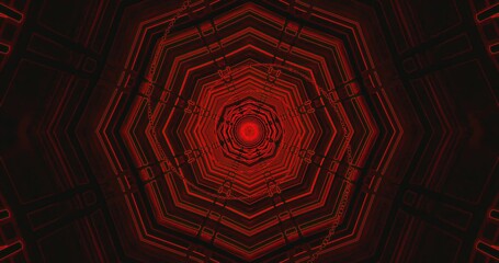 Geometric patterns create a vivid red spiral design