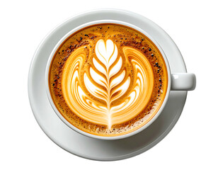 Latte art, a leaf design on a latte in white mug
