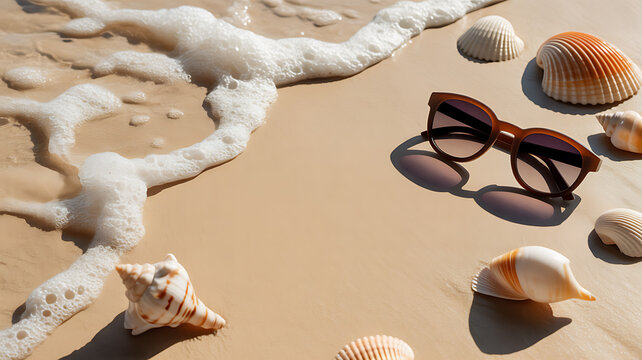 Sunglasses and seashells on sandy beach with ocean foam