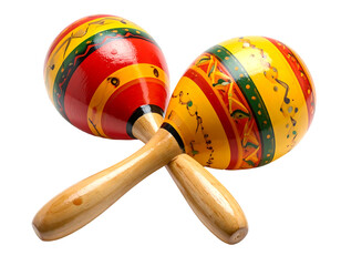 Two colorful maracas crossed, vibrant red and yellow patterns