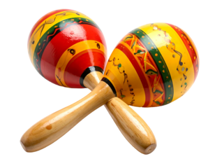 Two colorful maracas crossed, vibrant red and yellow patterns