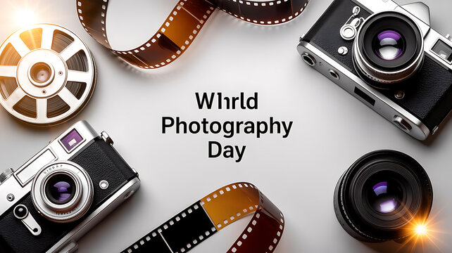 World Photography Day celebration with vintage cameras, film reels, and lenses arranged on a flat surface