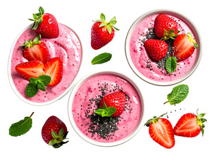 Three bowls of pink smoothie topped with fresh strawberries and mint leaves, scattered seeds