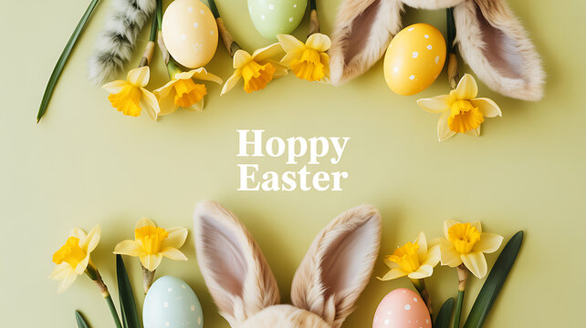 Easter-themed flat lay with bunny ears, eggs, daffodils, and spring decorations on a pastel green background
