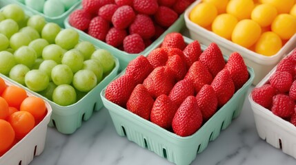 Flatlay of Fresh Colorful Fruits in Green Baskets on Marble Surface Grapes Strawberries Raspberries Plums Healthy Eating Still Life Arrangement