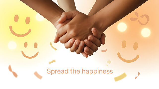 Hands clasped together in unity with smiling faces and confetti, promoting happiness and positivity