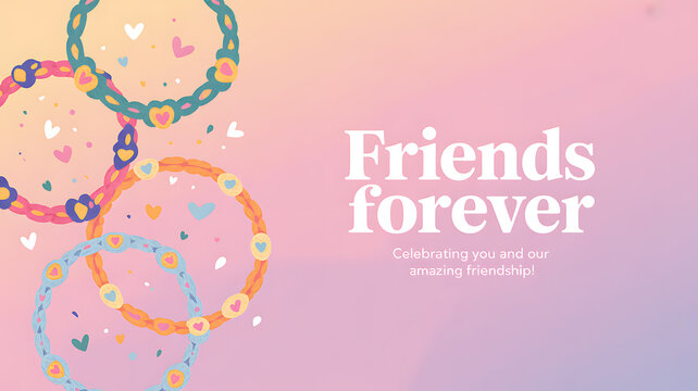 Colorful interlocking friendship bracelets with hearts and confetti on a soft gradient background celebrating enduring friendship