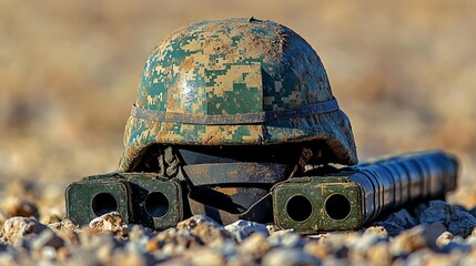 Military helmet and launcher on rocks