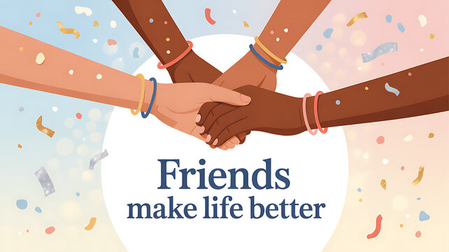 Illustration of diverse hands joined together with confetti background and text 'Friends make life better'
