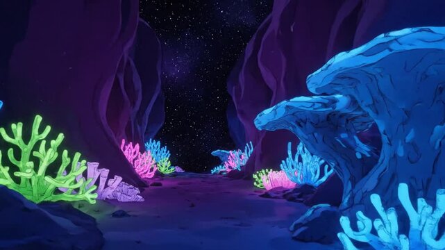 Digital illustration of a blue wolf-like creature surrounded by colorful coral in a dark underwater scene with purple hues.
