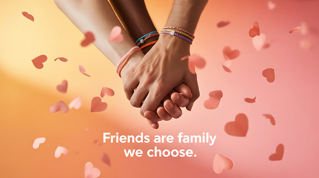 Two people holding hands with heart-shaped confetti floating around, symbolizing friendship and chosen family