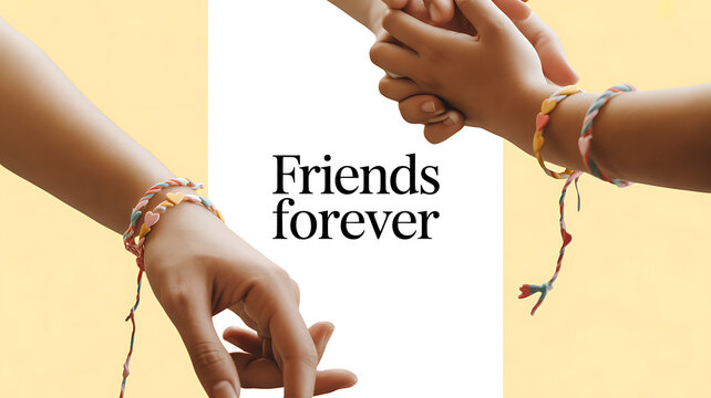 Two hands holding each other, wearing colorful friendship bracelets, with the text 'Friends forever' displayed in the center.