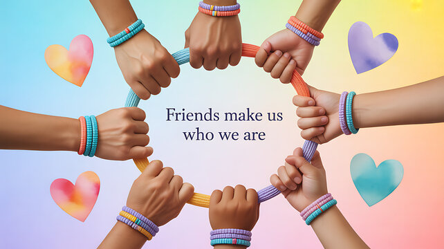 Hands holding colorful rings in a circle with hearts and the text 'Friends make us who we are'