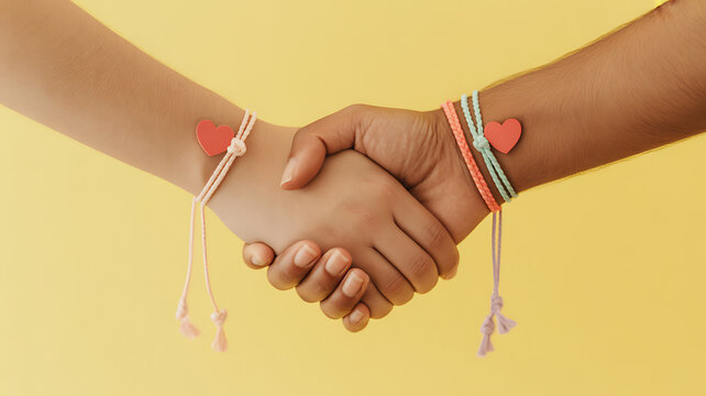 Two hands clasped together, each wearing a friendship bracelet with a heart charm against a yellow background