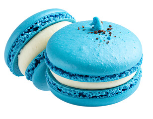 Two vibrant blue macarons, topped with a sprinkle of dark specks, nestled together