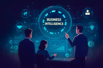 Business intelligence professionals analyzing data and charts on a futuristic digital interface for strategic decision-making