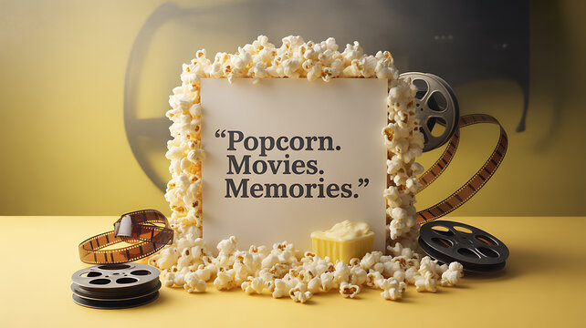 Popcorn surrounds a framed quote about movies and memories, with film reels and a measuring tape on a yellow surface.
