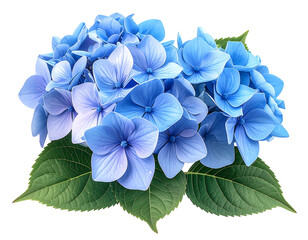 Close-up of a vibrant light-blue hydrangea cluster with lush green leaves