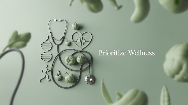 Stethoscope and wellness symbols arranged with vegetables on a green background, promoting health and well-being