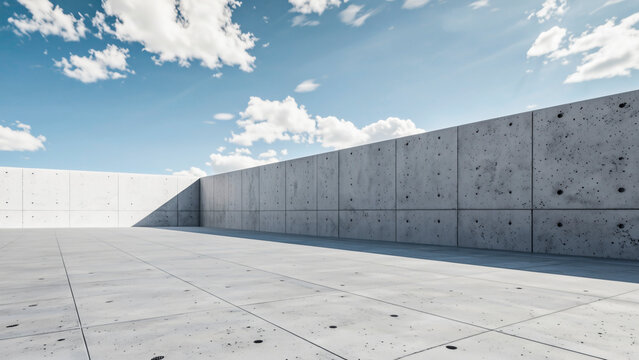 3D rendering of the empty concrete floor and fence under the blue sky and white clouds