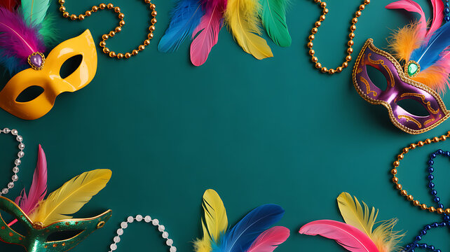 Colorful masquerade masks and feathers arranged on a teal background with beads