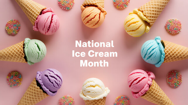 Colorful ice cream cones arranged on a pink background with sprinkles, celebrating National Ice Cream Month