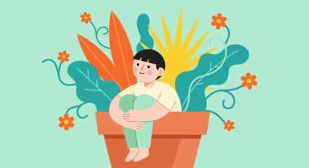 Boy Sitting in Flower Pot Illustration