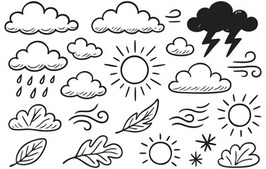 Weather Doodle Collection with Sun, Cloud, Rain, Wind and Storm Elements Isolated on Transparent Background, Generative AI