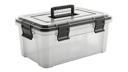 Clear storage container with lid and handle for organizing home office and garage organization and storage solution on transparent background