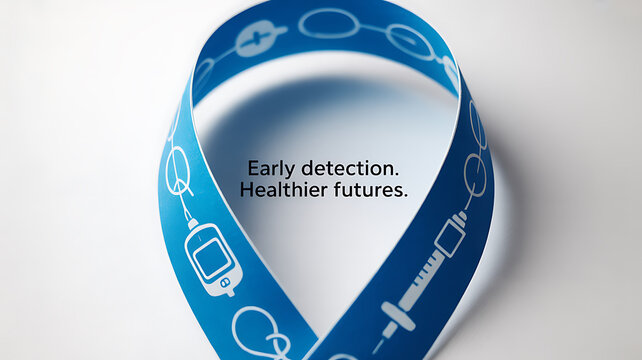 Blue ribbon with medical symbols and text promoting early detection for healthier futures