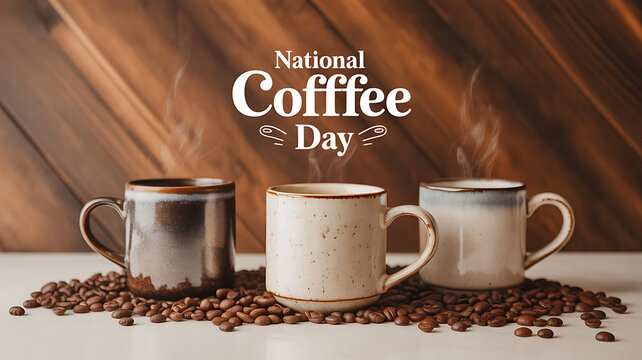 Three steaming coffee mugs on a bed of coffee beans with wooden background for National Coffee Day