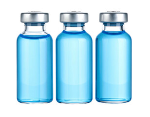 Three clear glass vials, light blue liquid, silver caps