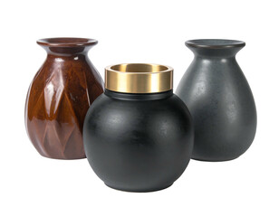 Three small decorative vases in varying colors and textures