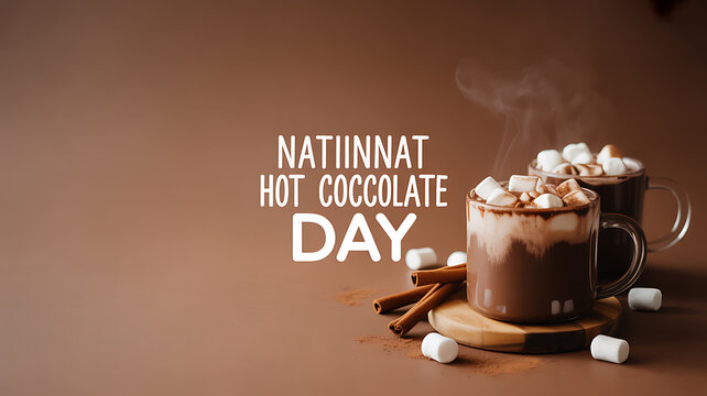Steaming hot chocolate with marshmallows and cinnamon sticks on a wooden tray, celebrating National Hot Chocolate Day