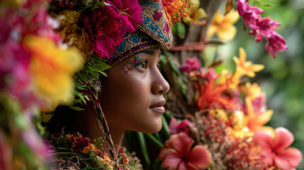 Naklejka premium Colorful floral headdress on a young woman surrounded by vibrant tropical flowers in a lush garden showcasing natural beauty and cultural celebration.