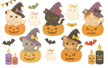 Cute Halloween Cats with Witch Hats, Pumpkins, Ghosts, Bats, and Candles Illustration Set