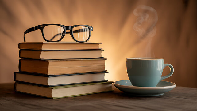 Stack of books with glasses and steaming coffee cup on wooden table