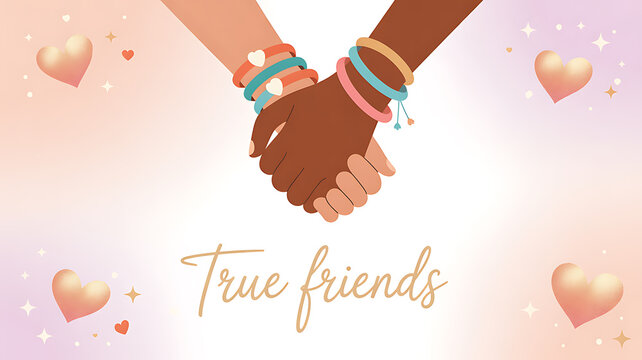 Illustration of two hands holding each other, symbolizing friendship, with hearts and the text 'True friends' on a soft pastel background.