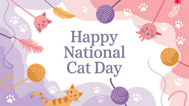 Happy National Cat Day celebration with playful cats, yarn balls, and feathers on a colorful background