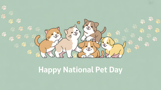 Cute cartoon dogs and cats celebrating National Pet Day on a floral background