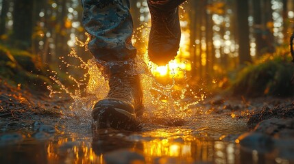 Person in camouflage boots splashing through puddle in forest at sunset
