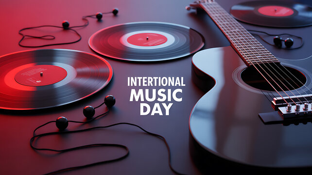 International Music Day celebration with vinyl records, acoustic guitar, and earphones on a dark surface under red lighting