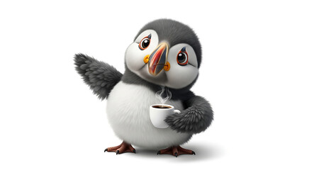 Fototapeta premium Cute puffin waving hello while holding a steaming cup of coffee on a clean white studio background