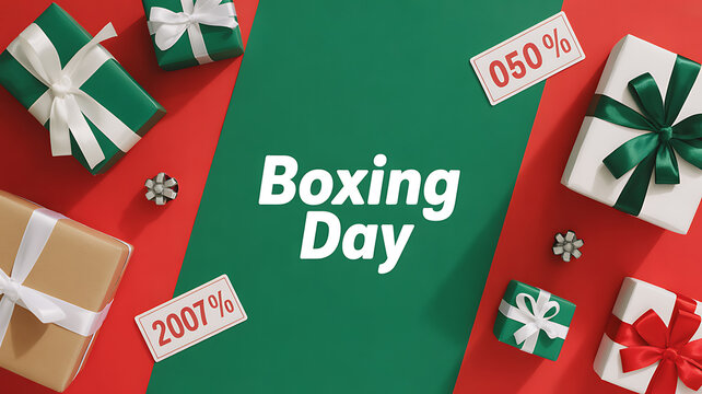 Boxing Day sale promotion with gift boxes and discount tags on a red and green background