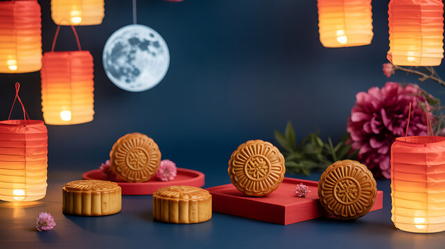 Traditional mooncakes displayed on red trays with glowing lanterns and a full moon in the background, celebrating the Mid-Autumn Festival.