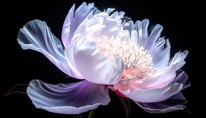 Translucent, ethereal floral bloom with soft, pastel petals highlighted against a dark background, revealing delicate layers and intricate details