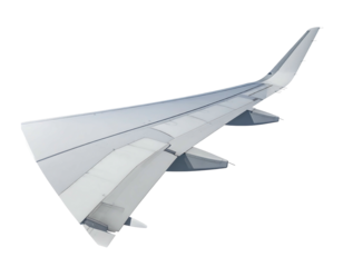 Airplane wing with flaps extended, angled view