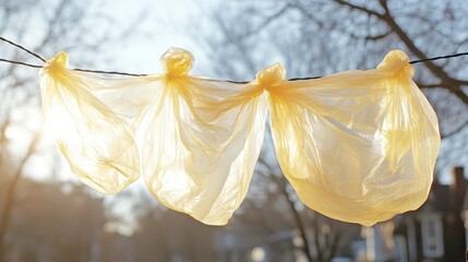 Plastic bags hanging on a wire, sunlit