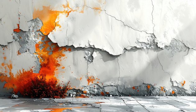 Textured surface of cracked, crumbling white plaster revealing bright orange and grey layers below. Grey tiles cover the floor beneath