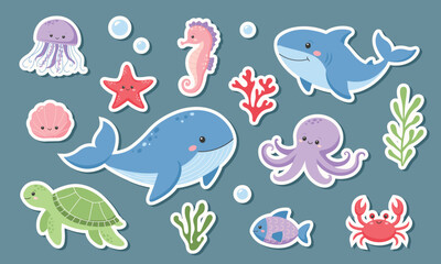 Set of sea animals stickers. Cute cartoon sea animals sticker collection. Vector illustration